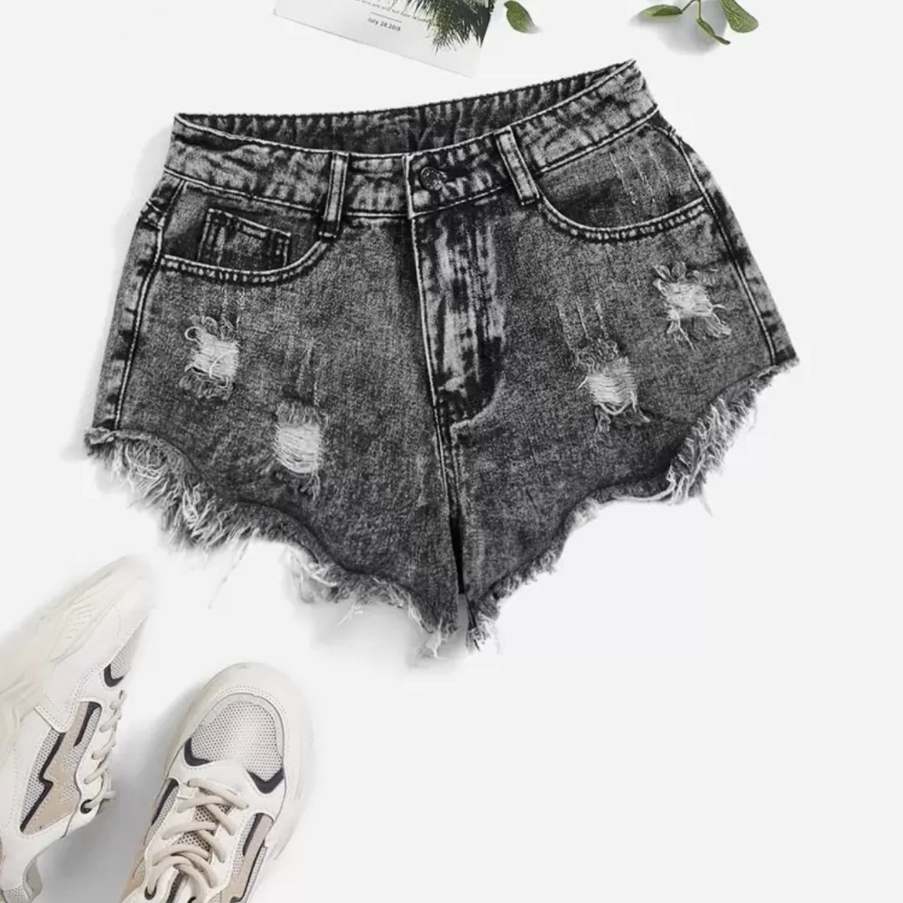 Distressed Black Denim Shorts
